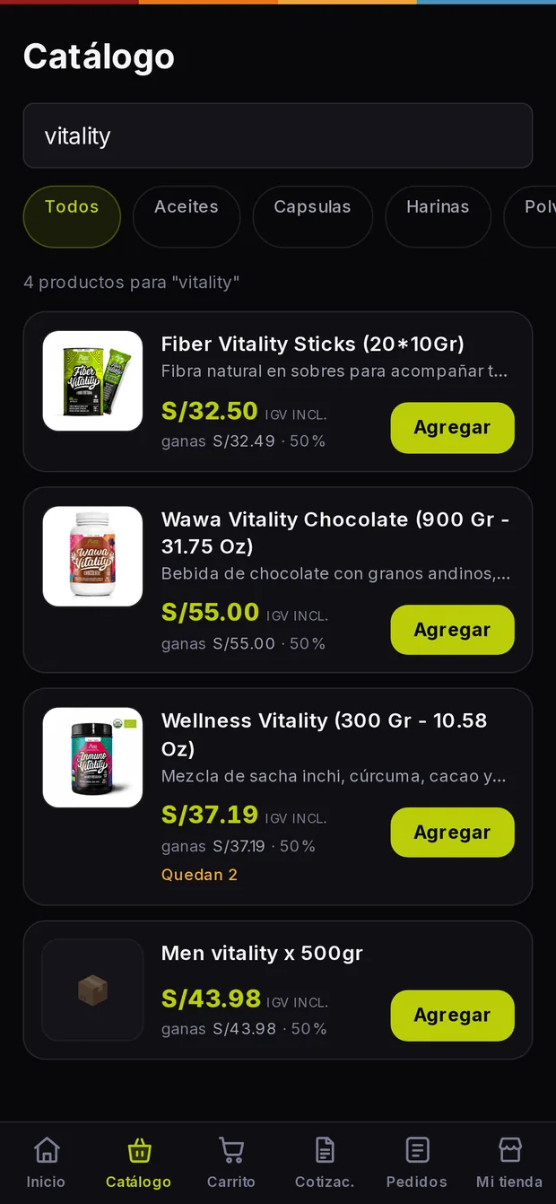 Catálogo de la línea Vitality con el precio del distribuidor y su ganancia